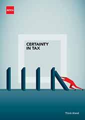 The cover of Certainty in Tax, which depicts an illustrated man knocking down dominoes. The cover of Certainty in Tax, which depicts an illustrated man knocking down dominoes.