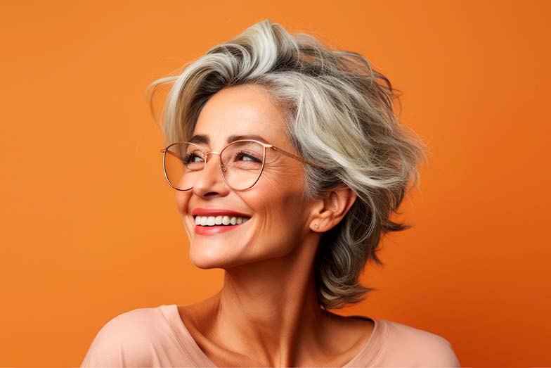 person smiling against an orange background