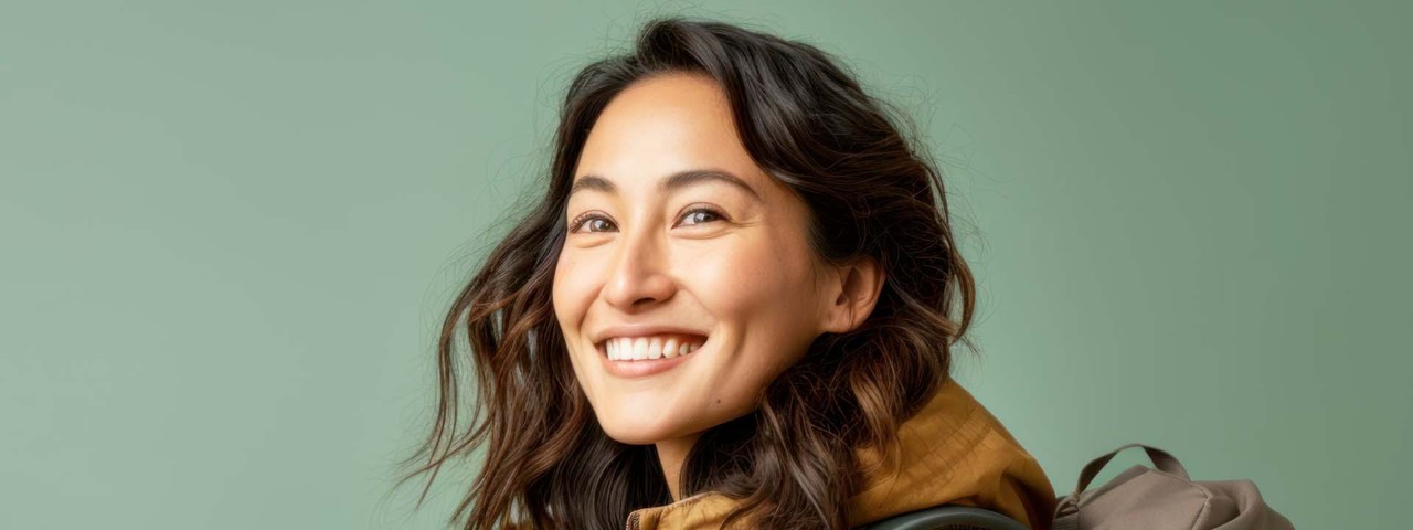 person smiling against a green backdrop