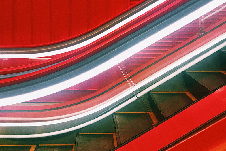 Red and silver escalator